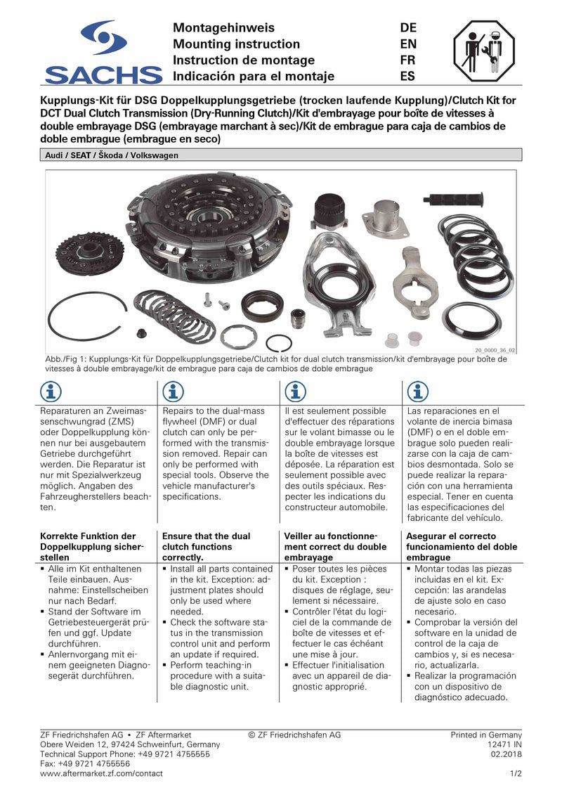 SACHS Repuesto Completo Doble Clutch Seco 0AM DQ200 3000 943 003