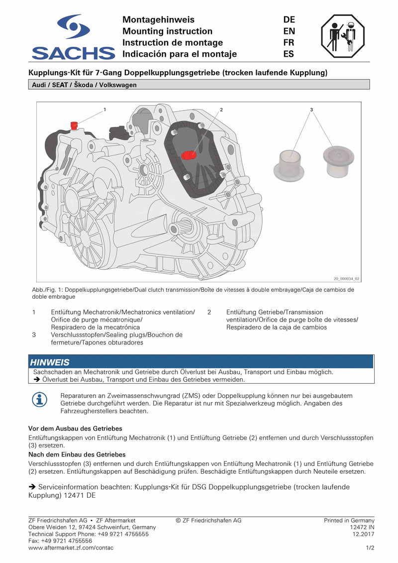SACHS Repuesto Completo Doble Clutch Seco 0AM DQ200 3000 943 012