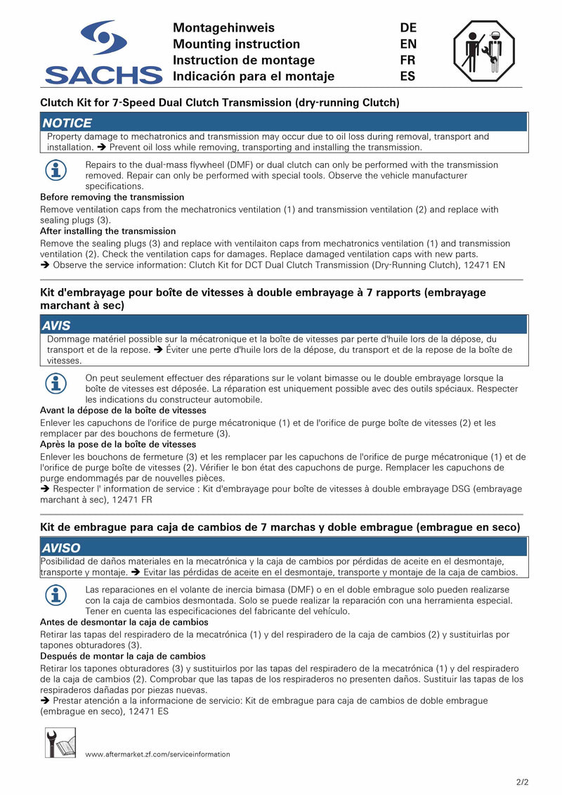 SACHS Repuesto Completo Doble Clutch Seco 0AM DQ200 3000 943 012