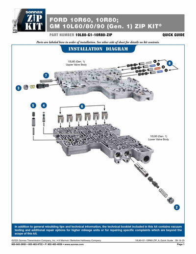 Sonnax Zip Kit Generación 1 (10L80-G1-10R80-ZIP) para transmisión Ford 10R80 o GM 10L80 – Veinte07 México