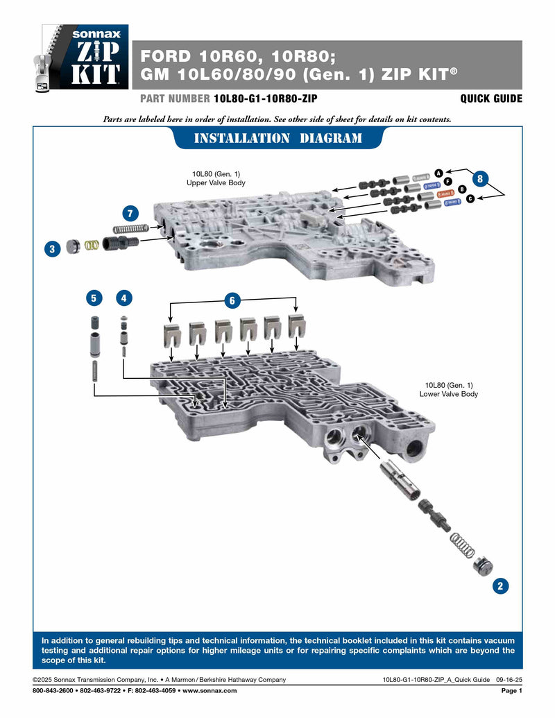 Sonnax Zip Kit Generación 1 (10L80-G1-10R80-ZIP) para transmisión Ford 10R80 o GM 10L80 – Veinte07 México