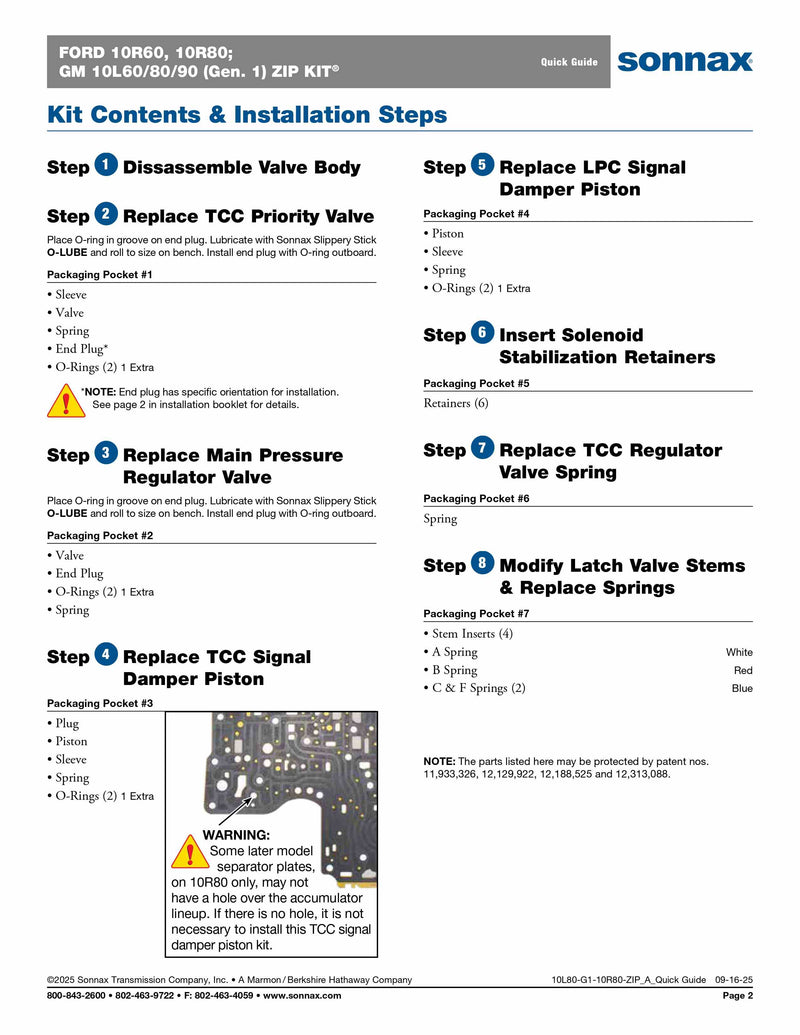 Sonnax Zip Kit Generación 1 (10L80-G1-10R80-ZIP) para transmisión Ford 10R80 o GM 10L80 – Veinte07 México