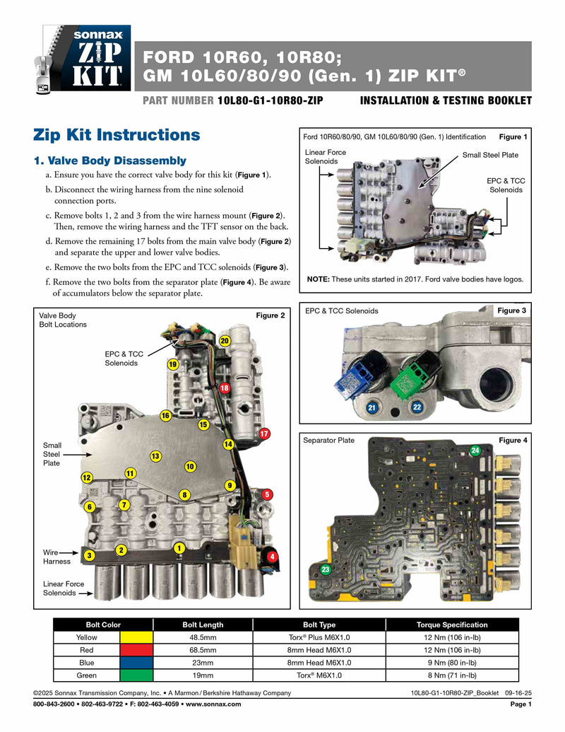 Sonnax Zip Kit Generación 1 (10L80-G1-10R80-ZIP) para transmisión Ford 10R80 o GM 10L80 – Veinte07 México