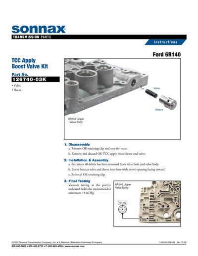 Sonnax Kit Valvula Boost Refuerzo de Aplicacion TCC 6R140