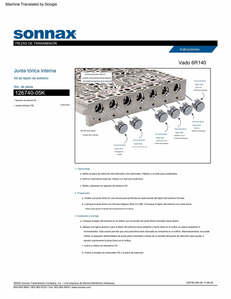 Sonnax Kit de Tapones Internos con Liga 6R140