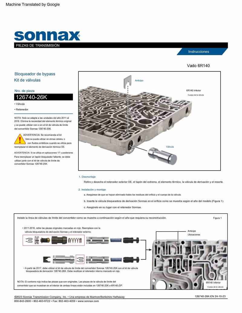 Kit Valvula Bloqueadora de Bypass Sonnax 2011/16 6R140