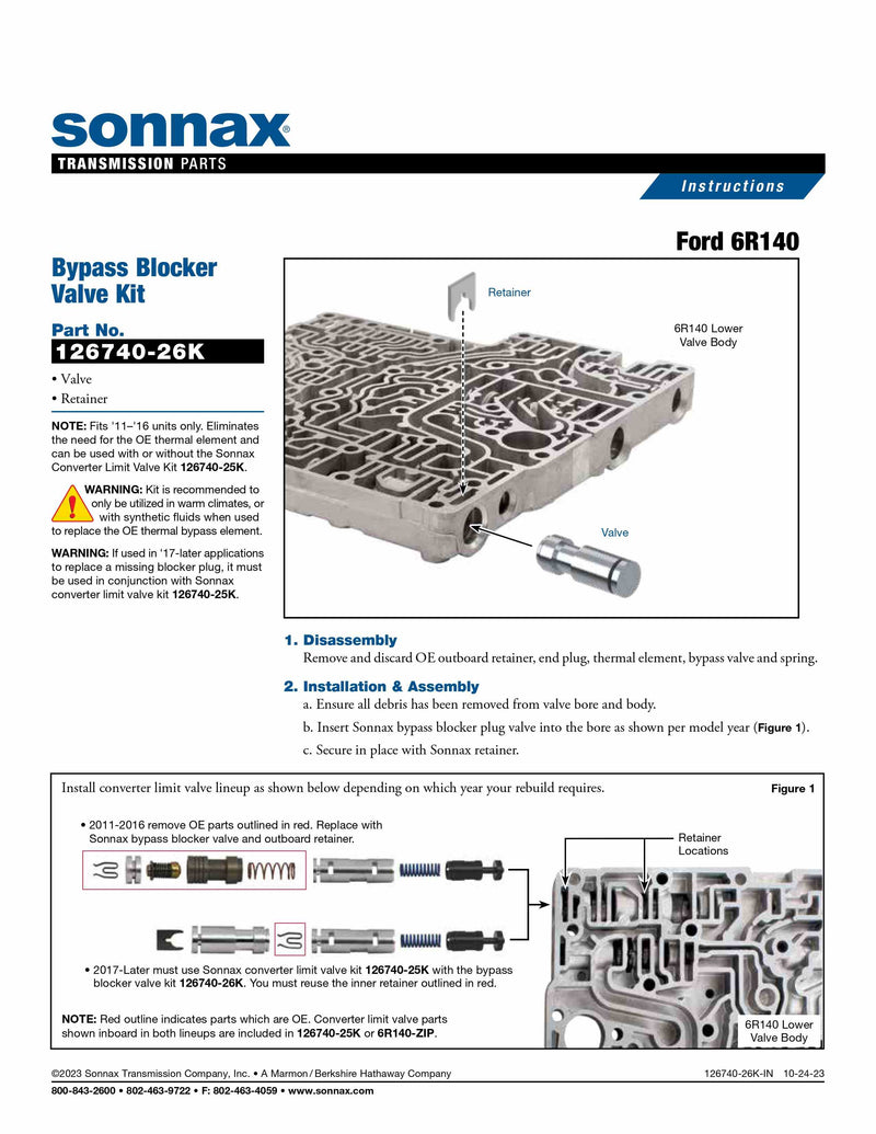 Kit Valvula Bloqueadora de Bypass Sonnax 2011/16 6R140