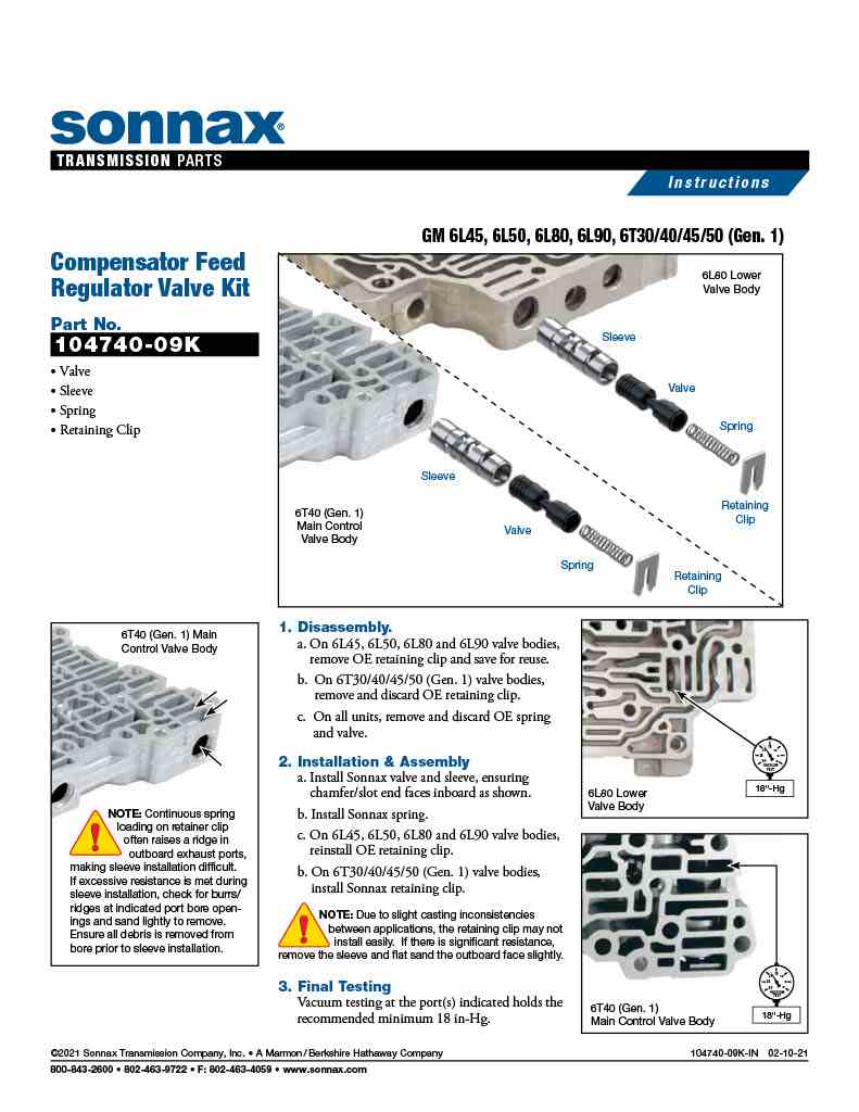 Sonnax Valvula Reguladora Compensador de Baja Presion Gen1 6L45 6L50 6L80 6L90 6T30 6T40 6T45 6T50