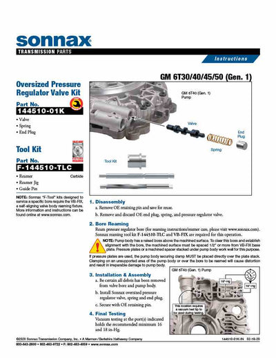 Sonnax Herramienta para 144510-01K Valvula Presion Sobremedida Gen 1 6T30 6T40 6T45 6T50