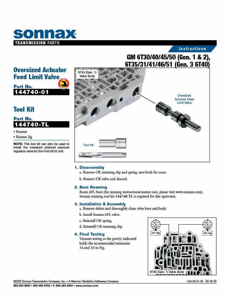 Sonnax Valvula Limitadora Sobremedida Gen 1,2 6T30 6T40 6T45 6T50, Gen3 6T31 6T35 6T41 6T46 6T51