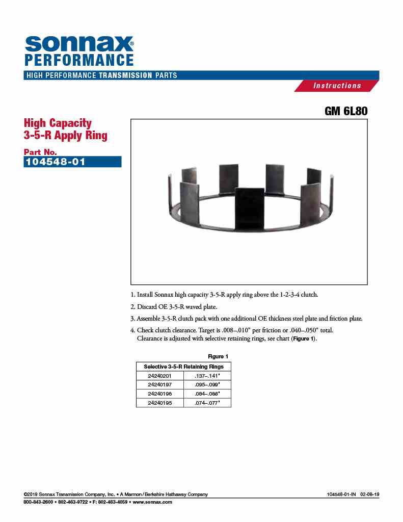 Sonnax Anillo Araña Alta Capacidad 3ra-5ta-Reversa 6L80 MYC