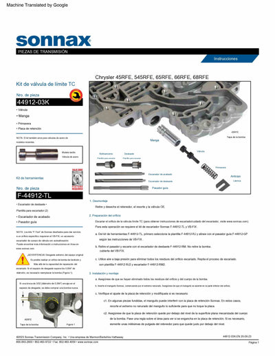 Sonnax Kit Valvula Sobremedida Limitadora de Convertidor 45RFE 5-45RFE 65RFE 66RFE 68RFE