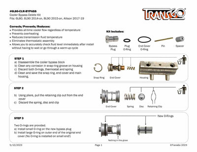 Transgo Kit eliminar Termostato Enfriador 6L80-CLR-BYPASS 6L45 6L50 6L80 6L90 8L45 8L90 Allison