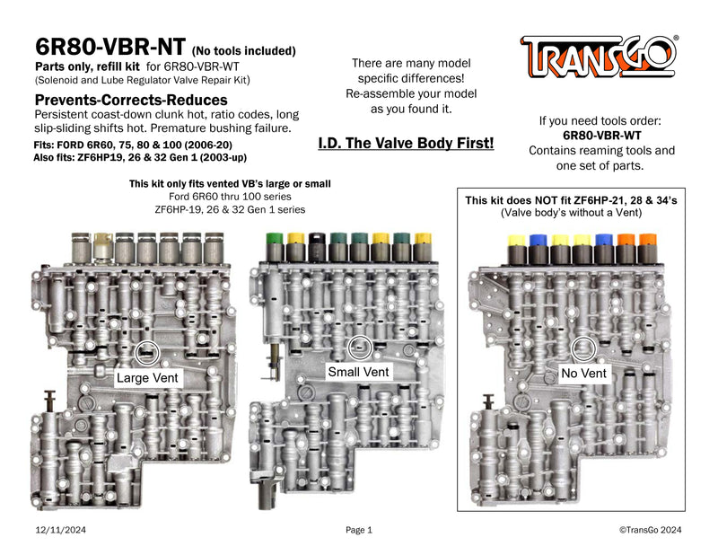 Transgo Válvulas Presión sin Rima (Gen 1/2 2006/20 6R60/75/80) (2003/UP ZF6HP19/26/32 Solo Gen1)