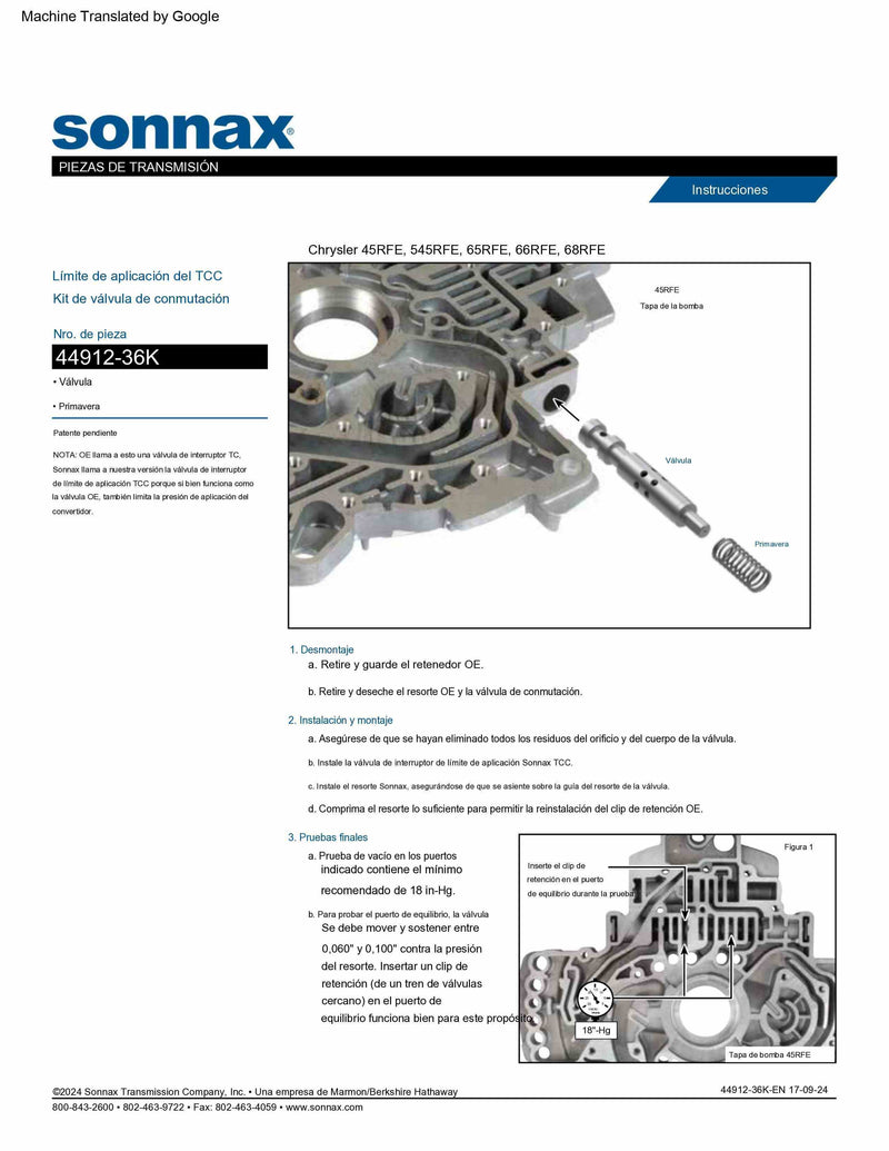 Sonnax Kit Válvula Limitadora TCC 150 PSI (44912-36K) para transmisión 68RFE/545RFE Dodge RAM – Veinte07 México