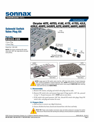 Sonnax Kit tapón válvula de interruptor de solenoide para Carrete 0.420 Dodge Chrysler Ram detalles