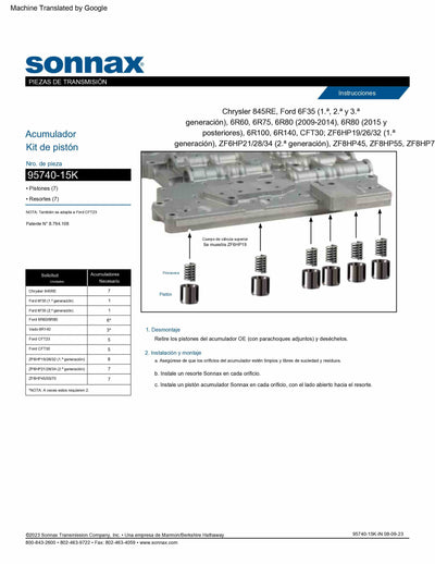 Sonnax Kit Pistones Acumuladores [7] 6F35 6R100 6R140 6R60 6R75 6R80 845RE ZF6HP19/34 ZF8HP45/70