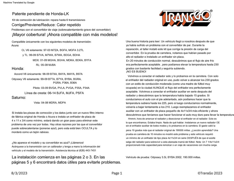 Shift Kit Transgo Honda 6 Cyl 4 y 5 Cambios Corrige Codigo P0740 Sobrecalentamiento de Covertidor