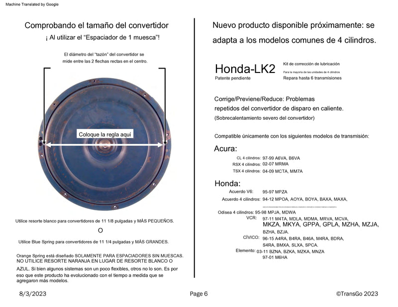 Shift Kit Transgo Honda 6 Cyl 4 y 5 Cambios Corrige Codigo P0740 Sobrecalentamiento de Covertidor