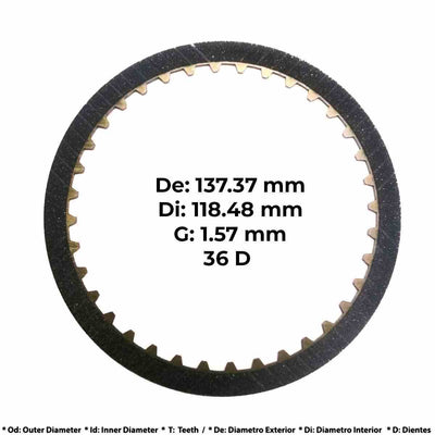 Detalle disco pasta avance JF011E Raybestos dientes 36 espesor 0.059" diámetro 5.435"