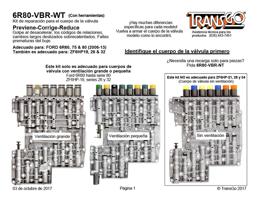 Kit Transgo Reparar Valvula Presion (2006/14 6R60 6R75 6R80) (2003/UP ZF6HP19 ZF6HP26 ZF6HP32)