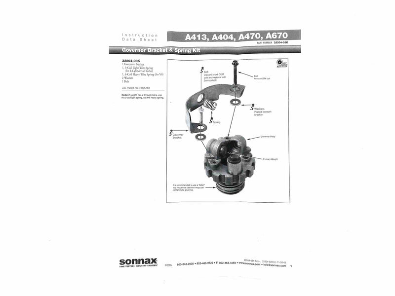 Sonnax Resorte y Soporte para Gobernador A404 A413 A470 A670