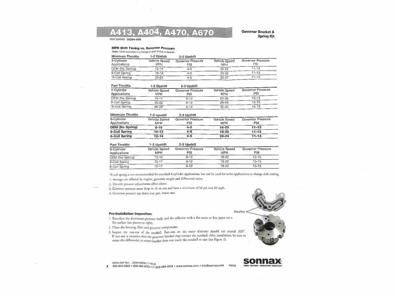 Sonnax Resorte y Soporte para Gobernador A404 A413 A470 A670