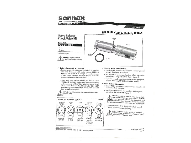 Sonnax Valvula Liberacion 2da Reduce Fallas 3/4 TH700 4L60E