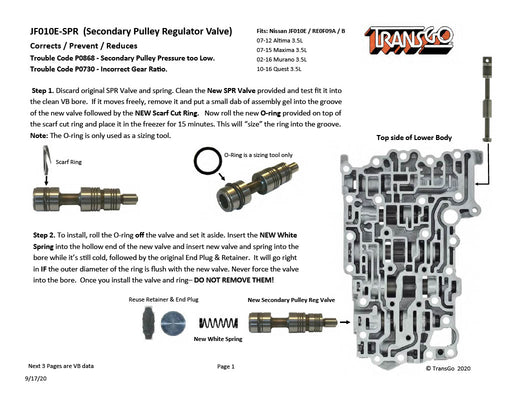 Transgo Shift Kit Valvula Reguladora de Polea Secundaria JF010E