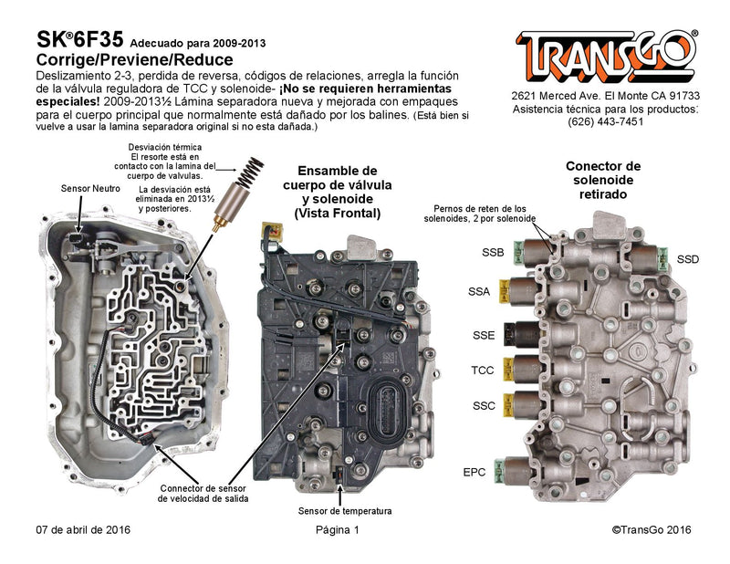 TRANSGO SHIFT KIT 2009/13 6F35 GEN 1