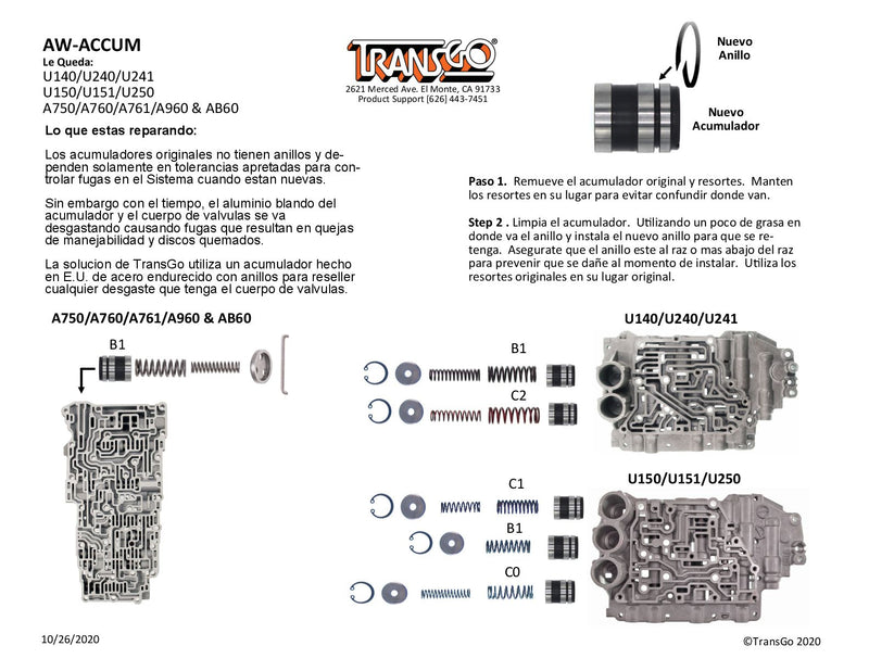 Transgo Acumulador Corrige Fugas U140 U240 U241 U150 U151 U250 A750 A760 A761 A960 AB60