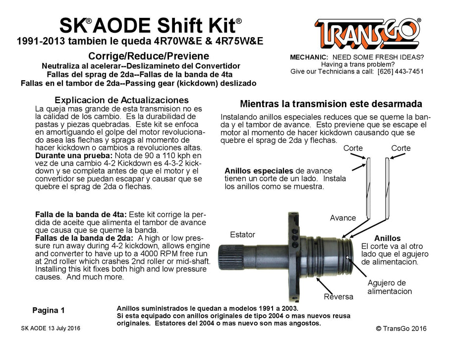 Shift Kit Transgo AODE 4R70W 4R75W 4R70E 4R75E
