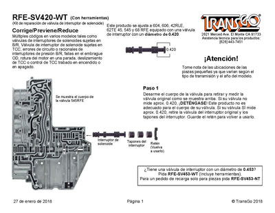 TRANSGO VALVULA CAMBIOS A604 A606 42RLE 62TE 45RFE 5-45RFE 68RFE SOLO PARA VALVULAS .420" CON RIMA
